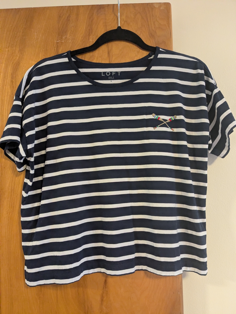 LOFT Navy & White Striped Tee with Embroidered Accent